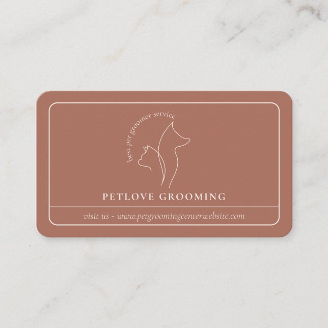 Terracotta Beige Minimal Framed Line Cat Dog Pet Business Card (Front)