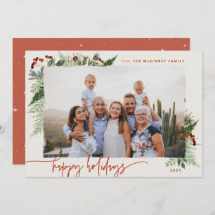 Terracotta Beige Modern Script Boho Greenery Photo Holiday Card
