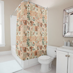 Terracotta Beige Patchwork Quilt Rustic Floral Shower Curtain