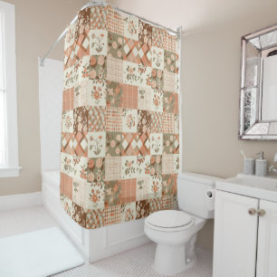 Terracotta Beige Patchwork Quilt Rustic Floral Shower Curtain
