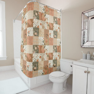 Terracotta Beige Patchwork Quilt Rustic Floral Shower Curtain