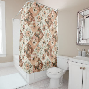 Terracotta Beige Patchwork Quilt Rustic Floral Shower Curtain