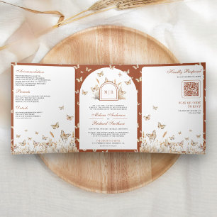 Terracotta Beige Wildflower Butterfly Arch Wedding Tri-Fold Invitation