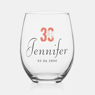 Terracotta Birthday Number   Black Name Date Stemless Wine Glass