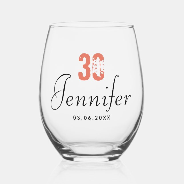 Terracotta Birthday Number | Black Name Date Stemless Wine Glass (Front)