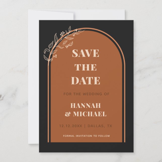 Terracotta Black Double Arch Drawn Botanical Boho Save The Date (Front)