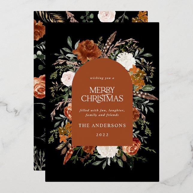 Terracotta black floral arch modern Christmas Foil Holiday Card (Front/Back)