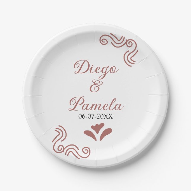 Terracotta black rustic spanish wedding couple en paper plate (Front)