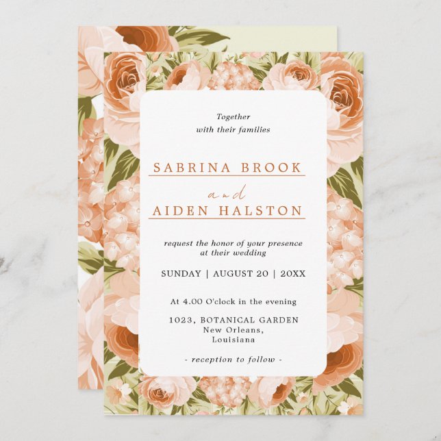 Terracotta Blooming Rose Hydrangea Floral Wedding Invitation (Front/Back)