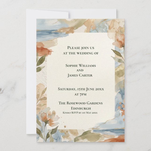 Terracotta Blue Botanical Wedding Invitation (Front)