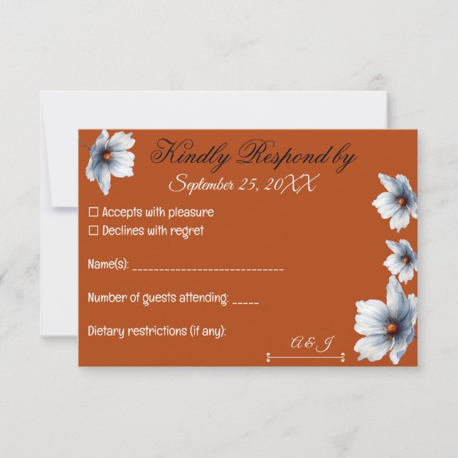 Terracotta Blue Floral Chic Anemone Autumn Wedding RSVP Card (Front)
