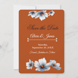 Terracotta Blue Floral Chic Anemone Autumn Wedding Save The Date
