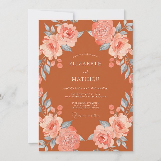 Terracotta Blush Botanical Bloom Wedding Invitation (Front)