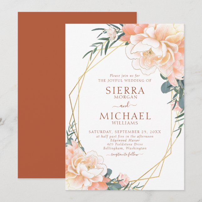 Terracotta Blush Gold Peach Cream Floral Wedding Invitation (Front/Back)