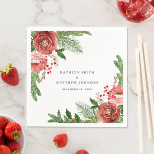 Terracotta Blush Pink Floral Pine Winter Wedding Napkin