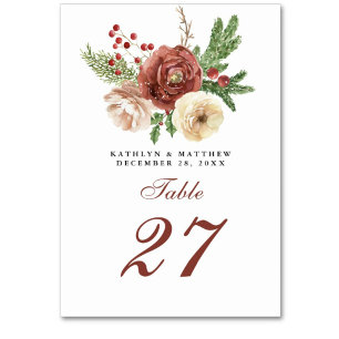 Terracotta Blush Pink Floral Pine Winter Wedding Table Number