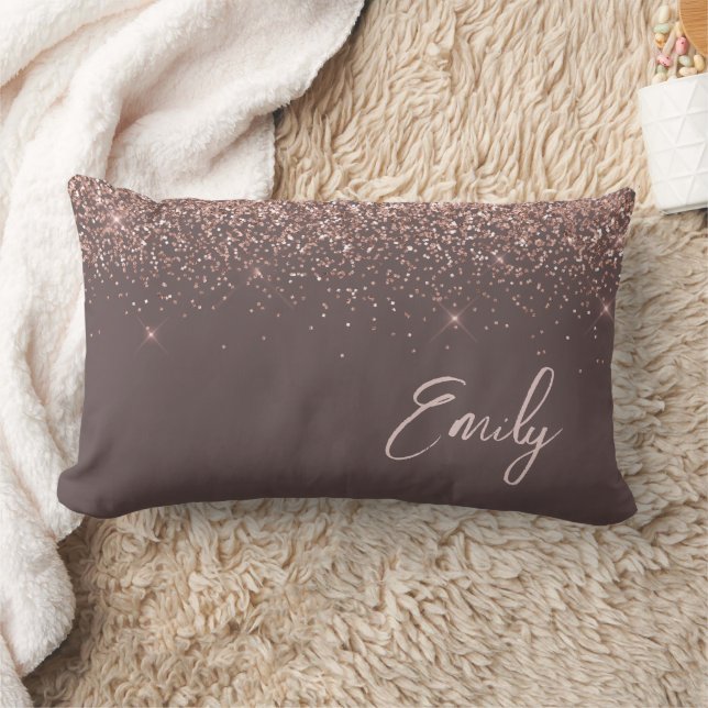 Terracotta Blush Pink Rose Gold Glitter Monogram Lumbar Cushion (Blanket)