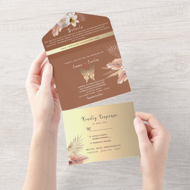 Terracotta Bohemian Pampas Grass Wedding All In One Invitation (Tearaway)