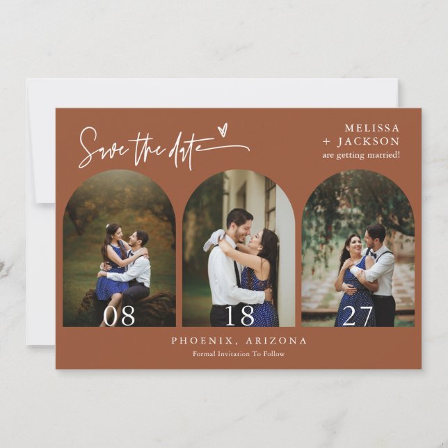 Terracotta Boho Arch Photo QR Code Save the Date Invitation (Front)