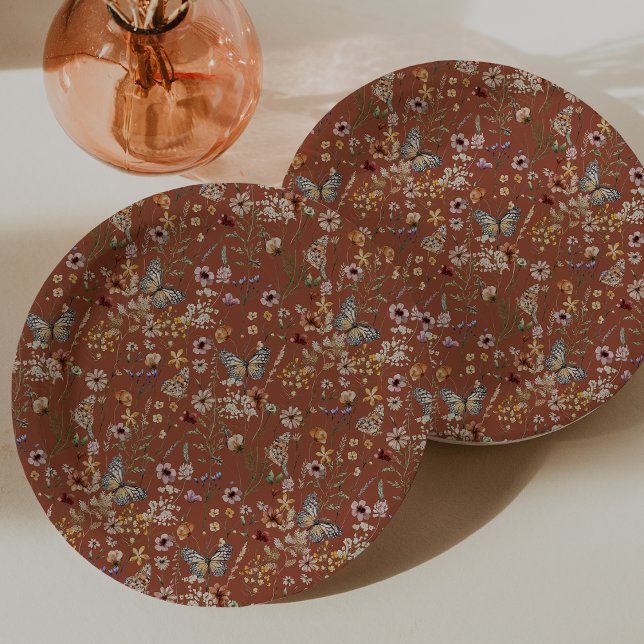 Terracotta Boho Butterflies Paper Plate (Terracotta Boho Floral Butterflies Paper Plates by Painted Paperie
)