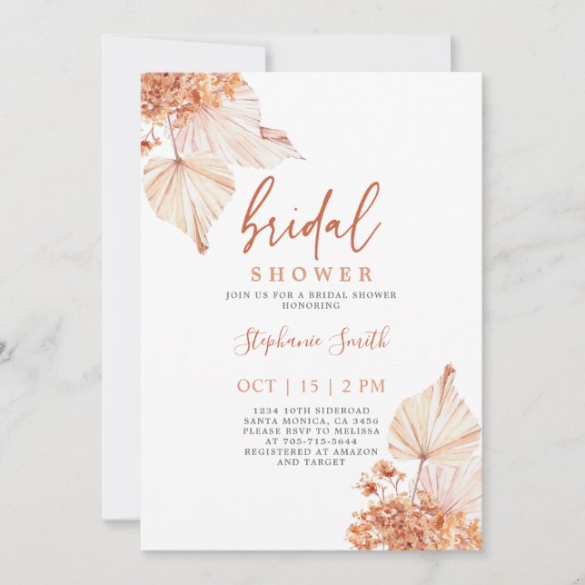 Terracotta boho dried palms Bridal Shower Invitation (Front)