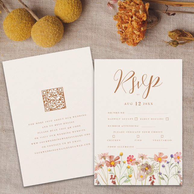 Terracotta Boho Fall Floral Meal Options RSVP Card (Boho fall wildflower wedding RSVP card terracotta burnt orange beige brown autumn watercolor florals)