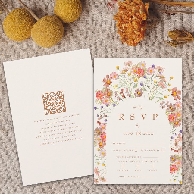 Terracotta Boho Fall Floral Meal Options RSVP Card (Boho fall wildflower floral arch terracotta burnt orange beige wedding RSVP card autumn watercolor )