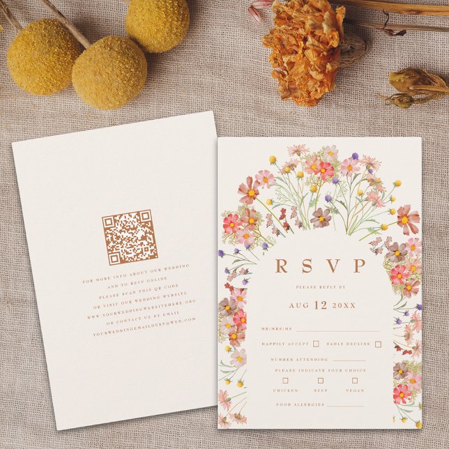 Terracotta Boho Fall Floral Meal Options RSVP Card (Terracotta Boho fall floral wedding rsvp card with website qr code)