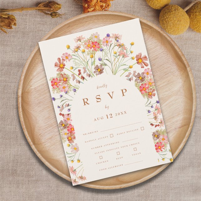 Terracotta Boho Fall Floral Meal Options RSVP Card (Boho fall floral arch wedding invitation rsvp card with elegant modern terracotta brown typography )