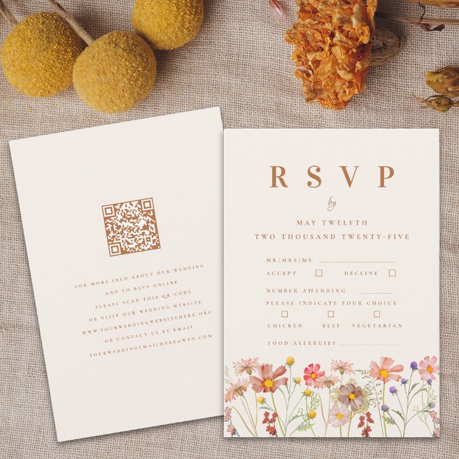 Terracotta Boho Fall Floral Meal Options RSVP Card (Boho Wildflower fall Wedding rsvp card with website QR code terracotta burnt orange beige brown)