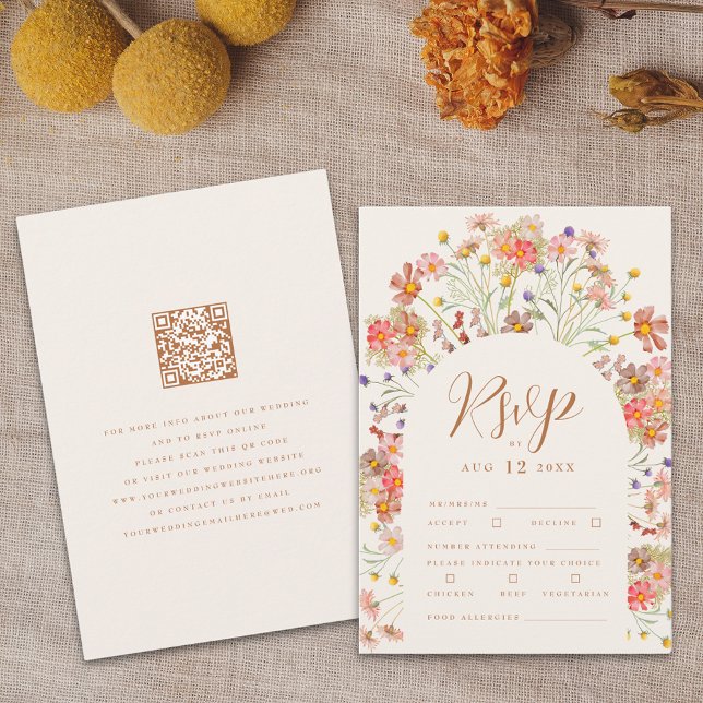 Terracotta Boho Fall Floral Meal Options RSVP Card (Boho fall Wildflower floral arch Wedding RSVP card terracotta burnt orange beige cream)