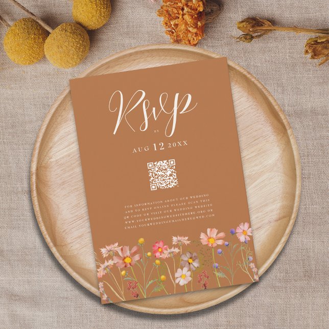 Terracotta Boho Fall Floral QR Code Wedding RSVP Card (Terracotta boho Wildflower fall Wedding rsvp website qr code watercolor florals elegant script)