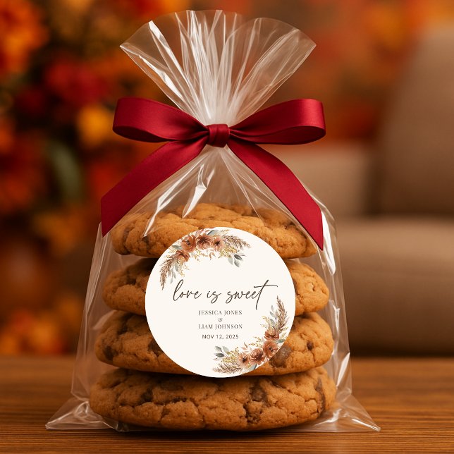 Terracotta Boho Fall Floral Wedding Love is sweet Classic Round Sticker (Terracotta Boho Fall Floral Wedding Love is sweet Classic Round Sticker)