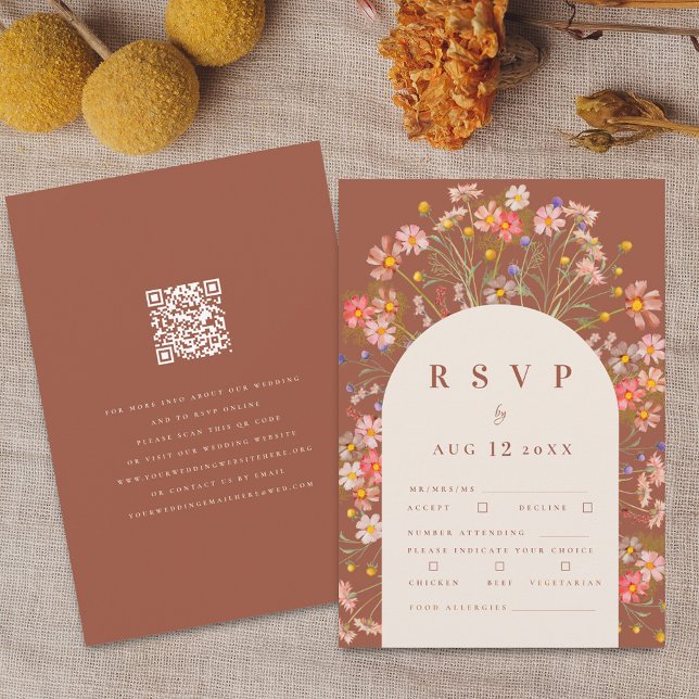 Terracotta Boho Fall Wildflower Floral Meal Option RSVP Card (Terracotta and beige boho fall wildflower rustic floral arch wedding meal options and qr code rsvp )
