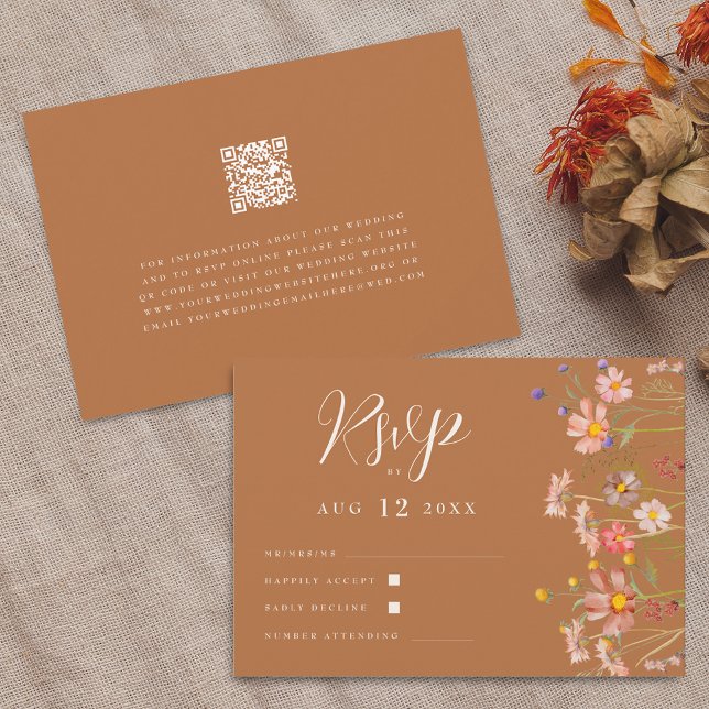 Terracotta Boho Fall Wildflower Floral Wedding RSVP Card (Terracotta boho fall floral wedding rsvp with website qr code Watercolor wildflowers elegant script)