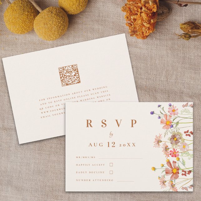 Terracotta Boho Fall Wildflower Floral Wedding RSVP Card (Boho fall Wildflower Wedding rsvp card with website qr code autumn watercolor florals terracotta)