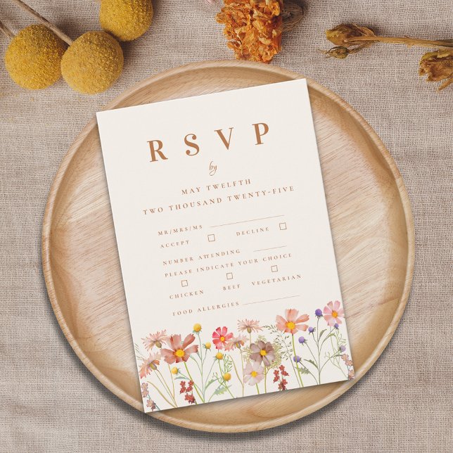 Terracotta Boho Fall Wildflower Meal Options RSVP Card (Boho Wildflower fall Wedding rsvp card autumn watercolor florals burnt Orange terracotta beige coral)