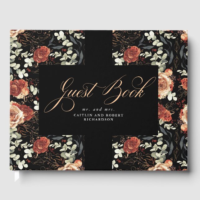  Terracotta Boho Floral Black Wedding Guest Book (Front)