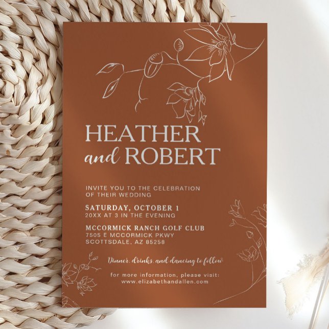 Terracotta Boho Floral Botanical Simple Wedding Invitation (Creator Uploaded)