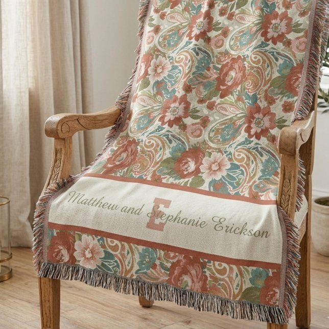 Terracotta Boho Floral Monogram Couple Throw Blanket (A boho floral terracotta woven throw blanket for a newlywed couple's wedding gift.)