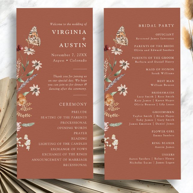 Terracotta Boho Floral Wedding Program (Terracotta Boho Floral Wedding Program with Butterfly by Painted Paperie
)
