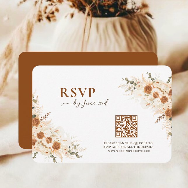 Terracotta Boho Floral Wedding RSVP with QR Code  Card (Creator Uploaded)
