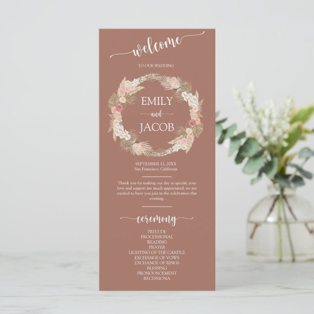 Terracotta Boho Floral Wreath Wedding Flat Program (Standing Front)
