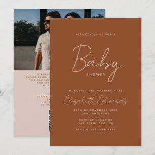Terracotta Boho Minimal Photo QR Code Baby Shower Invitation
