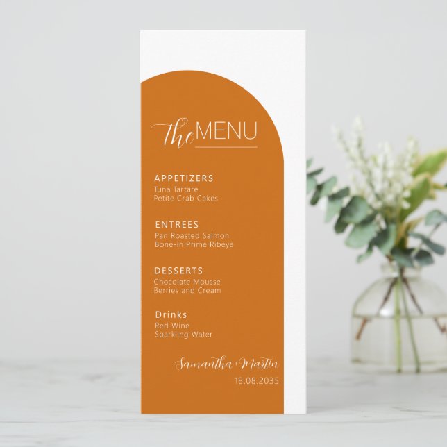 Terracotta Boho Minimal Script Wedding Menu (Standing Front)