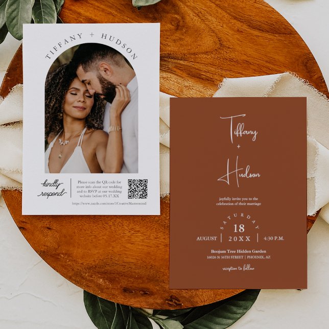 Terracotta Boho Minimal Wedding Arch Photo QR Code Invitation (Creator Uploaded)