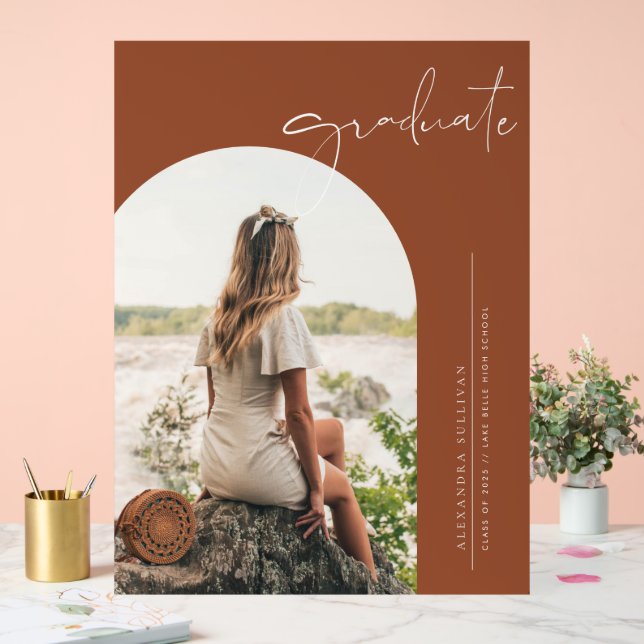 Terracotta Boho Minimalist Arch Photo Graduation Acrylic Sign (Wedding)