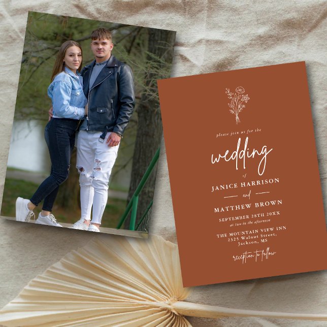 Terracotta Boho Minimalist Botanical Photo Wedding Invitation (Creator Uploaded)