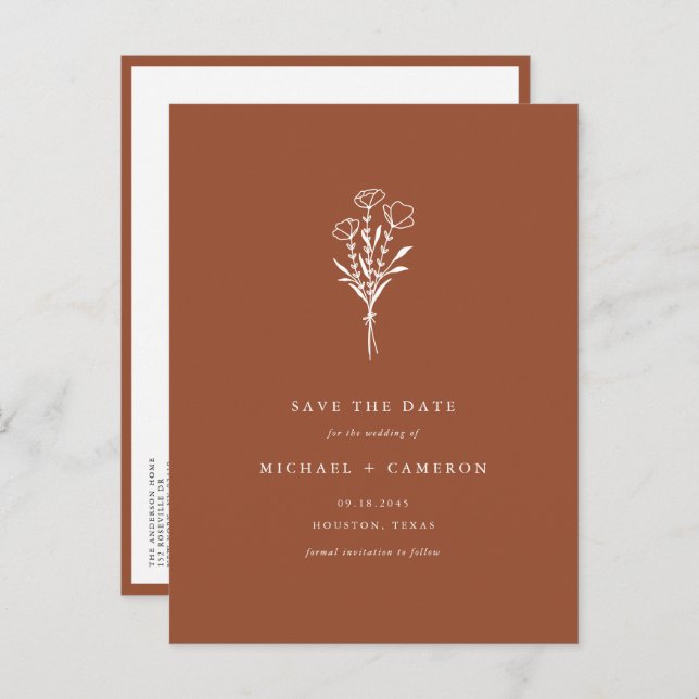 Terracotta Boho Minimalist Botanical Save the Date Announcement Postcard (Front/Back)