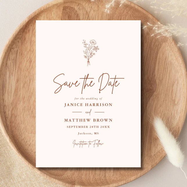 Terracotta Boho Minimalist Botanicals Wedding Save The Date (Creator Uploaded)